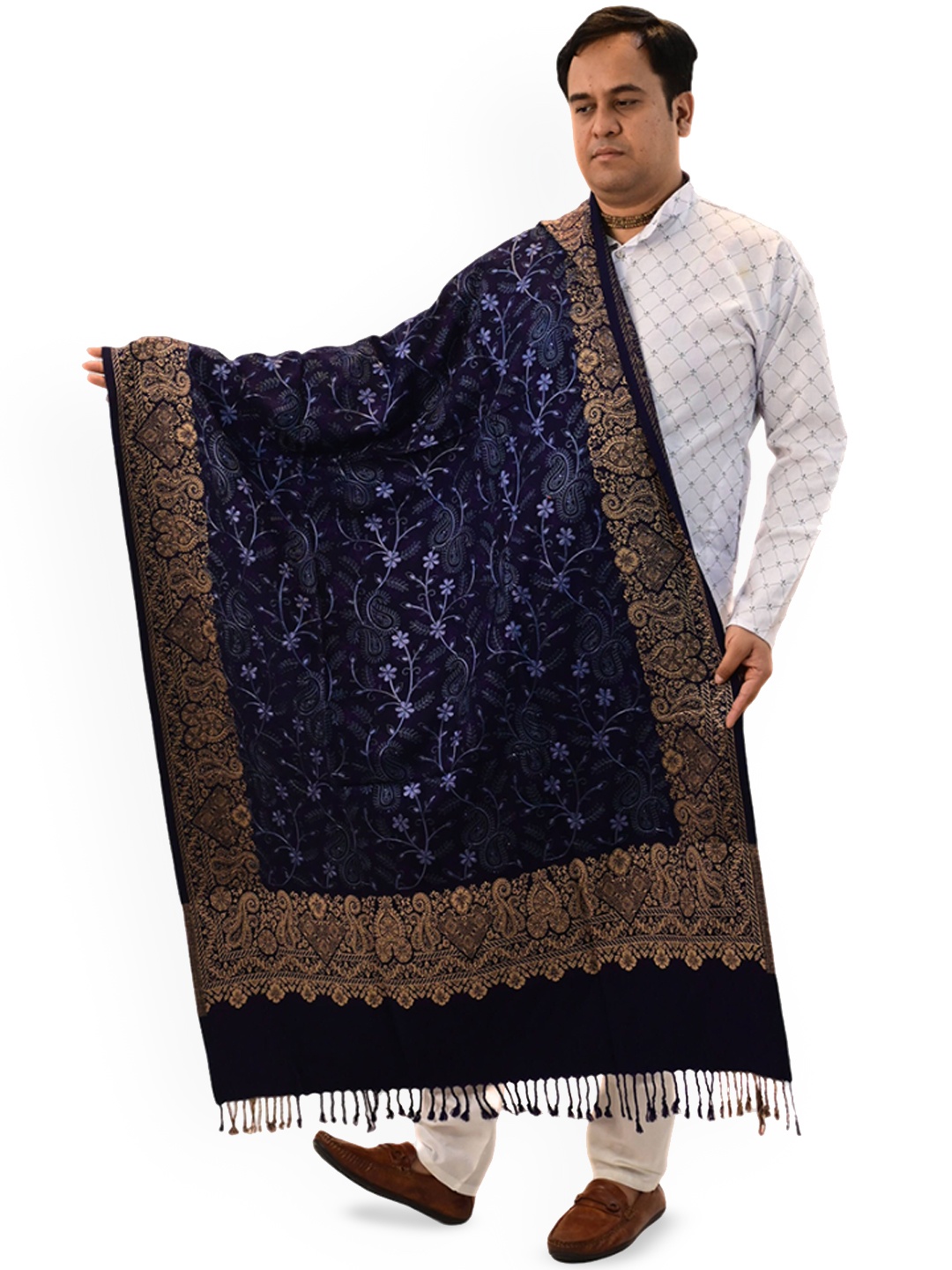 

Vrinde Paisley Embroidered Woollen Shawl, Navy blue