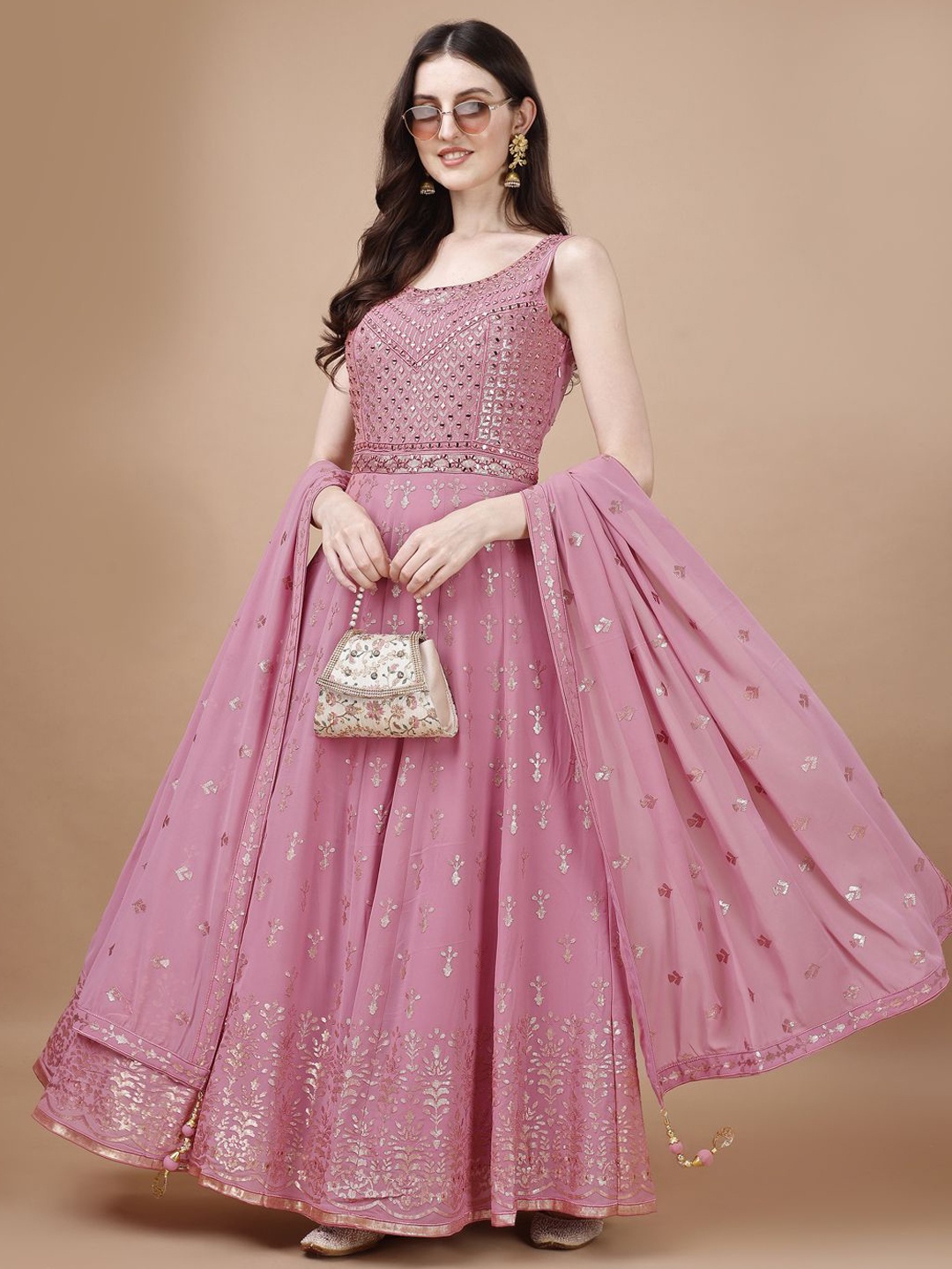 

VANAKARA Women Embellished Sleeveless Gown Ethnic Dresses With Dupatta, Pink
