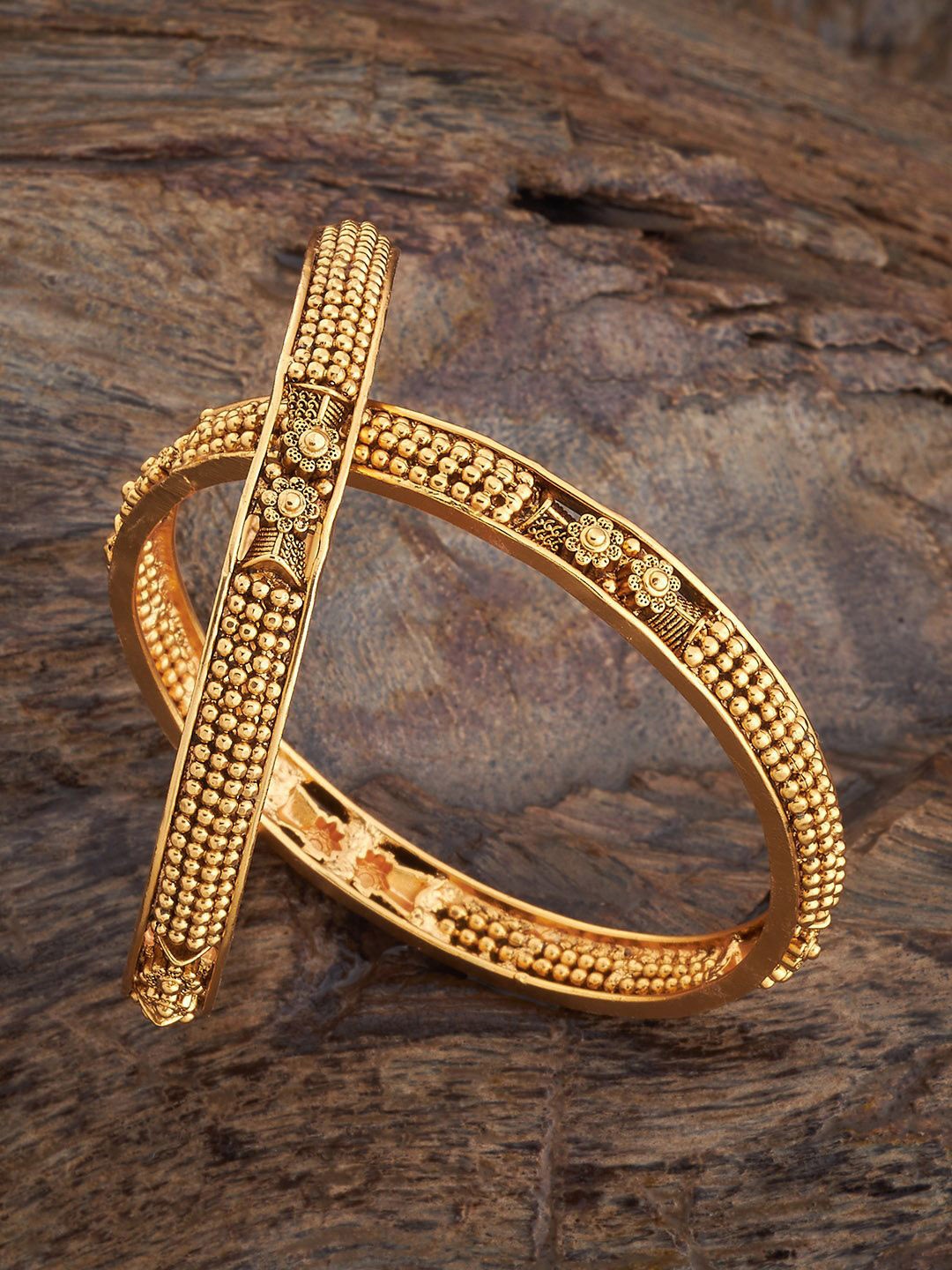 

Kushal's Fashion Jewellery Set Of 2 Gold Plated Floral Design Antique Bangles