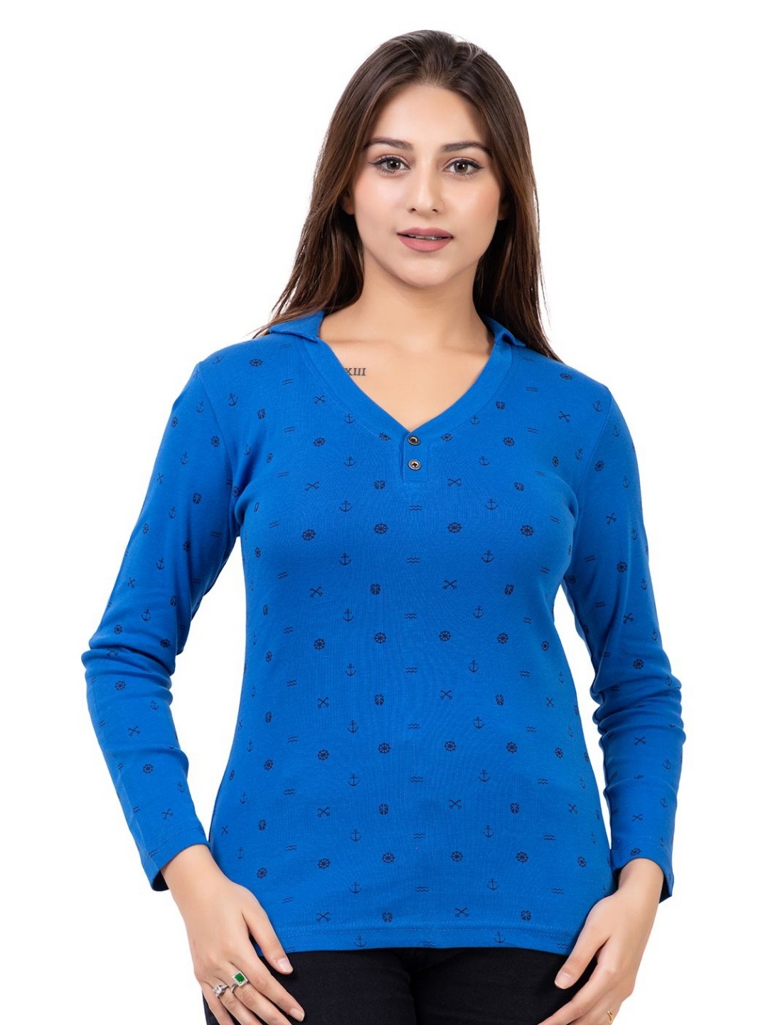 

ARIIX Women Printed V-Neck Pockets Slim Fit T-shirt, Blue