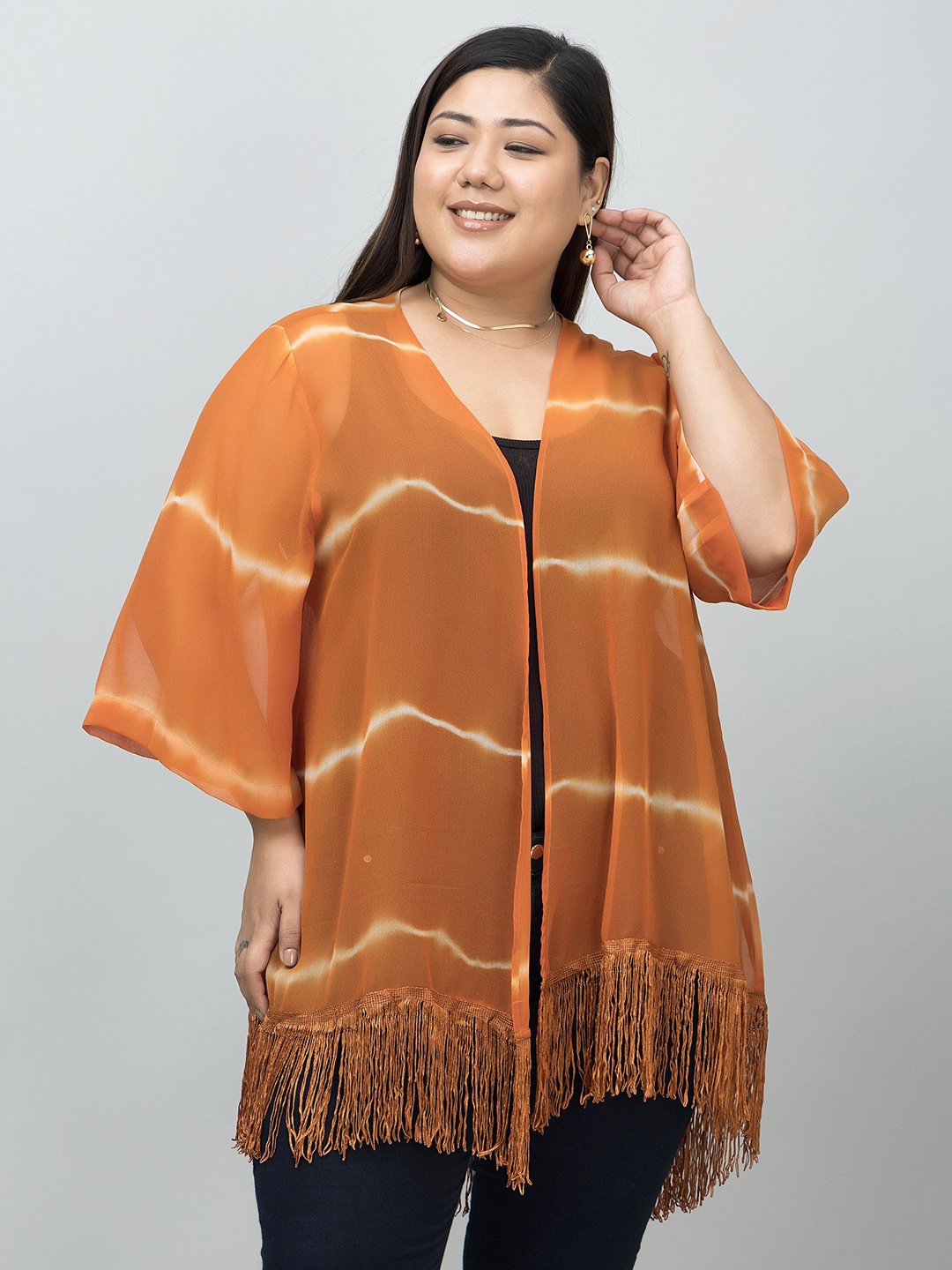 

PURYS PLUS Striped Tasselled Longline Kimono Shrug, Rust