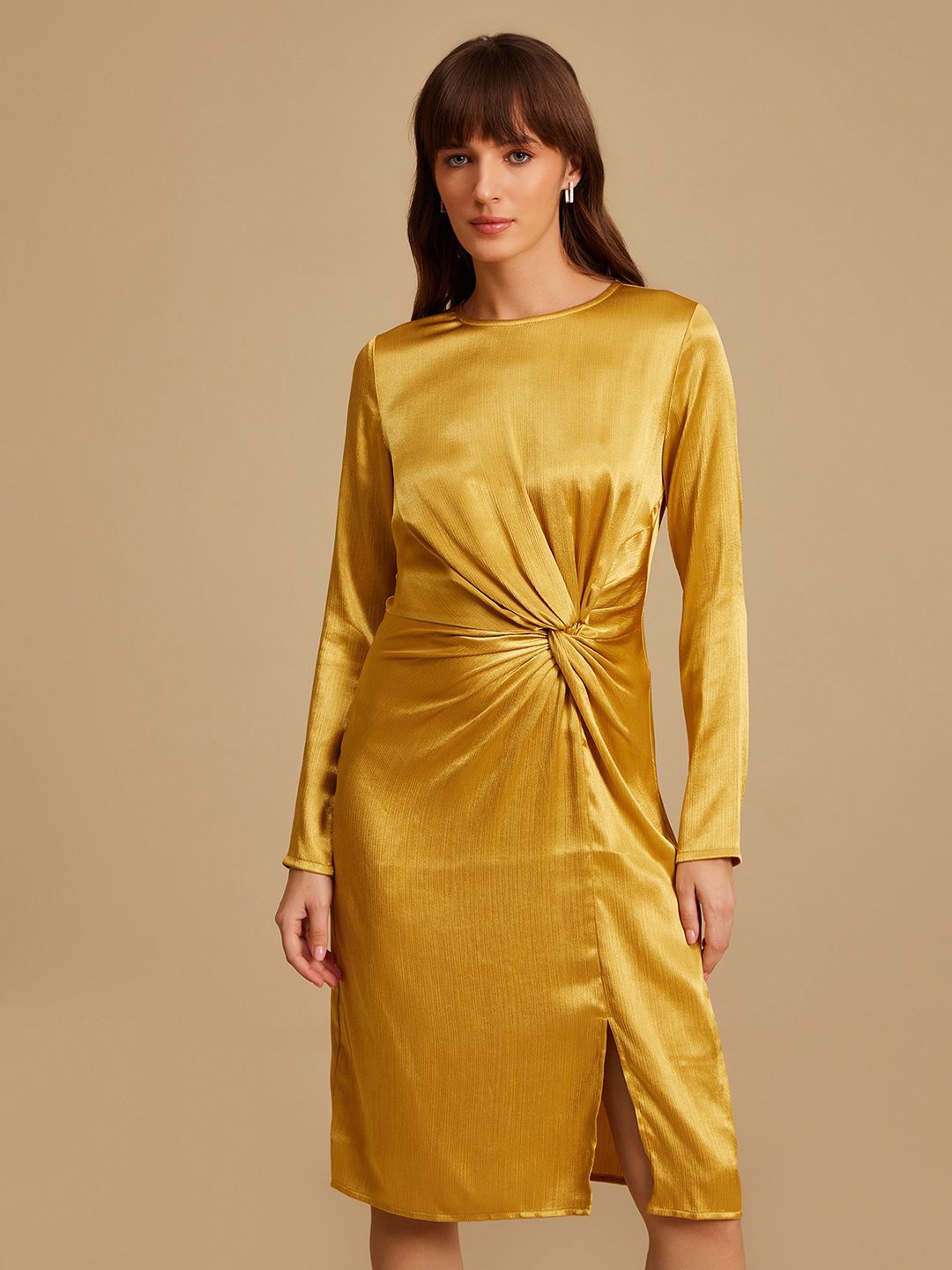 

Kazo Women Satin A-Line Dress With Slit, Gold