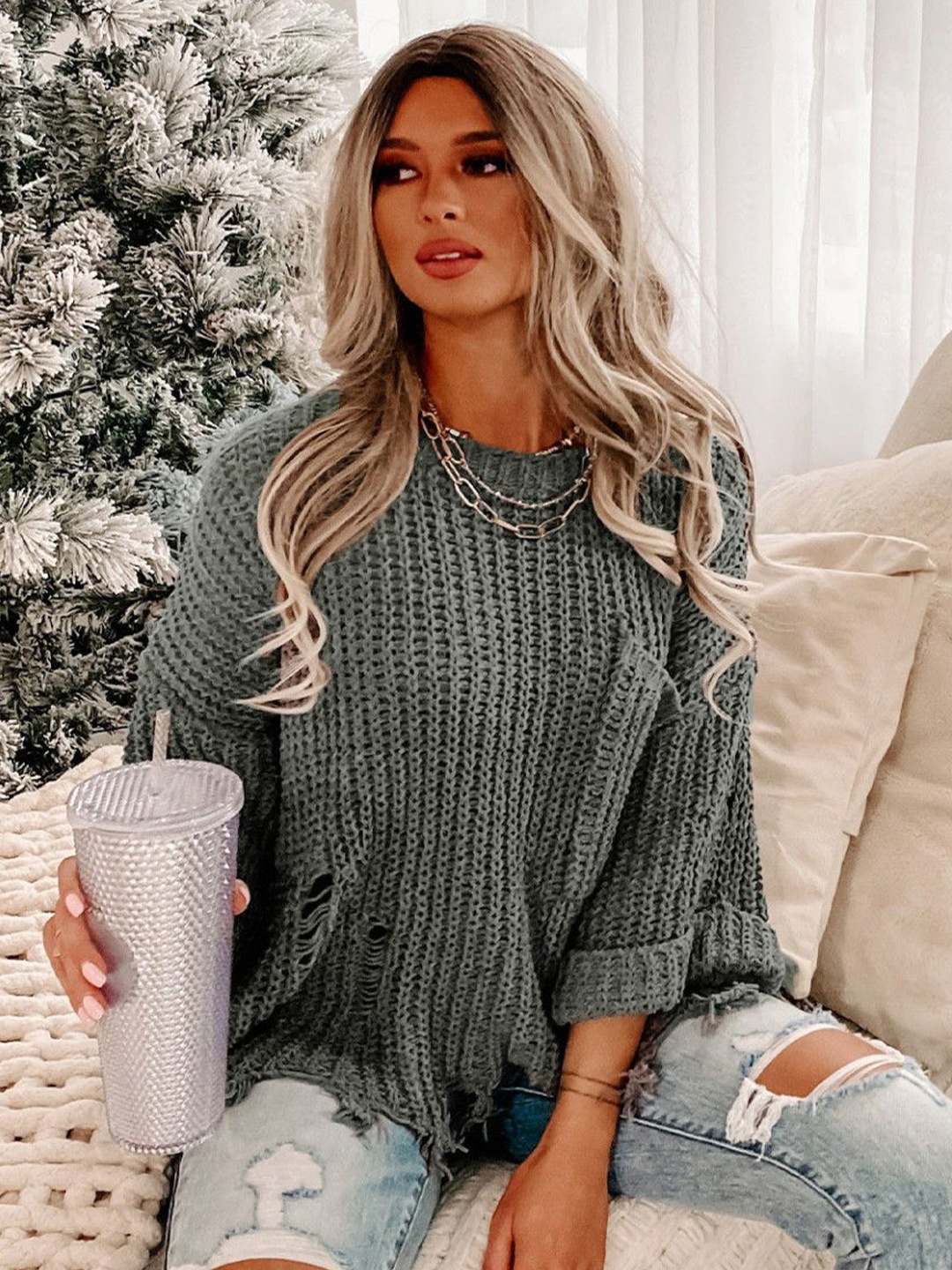 

StyleCast Women Self Design Round Neck Pullover Sweater, Grey