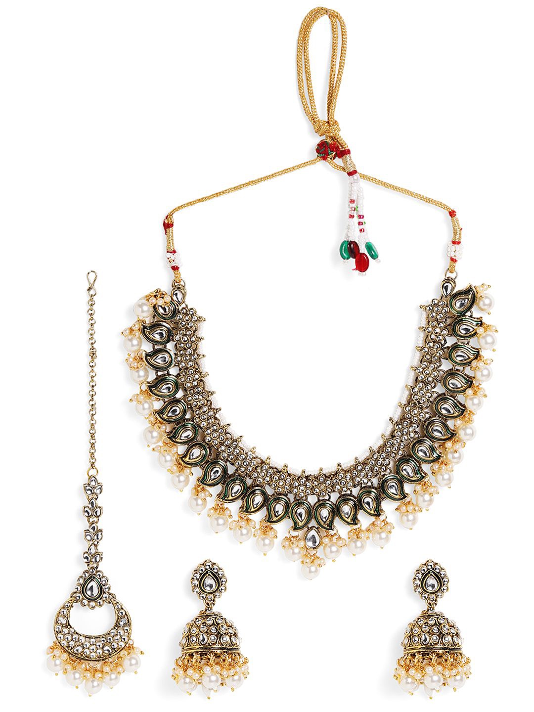 

Priyaasi Gold-Plated Kundan Studded & Beaded Necklace and Earrings With Maang Tika