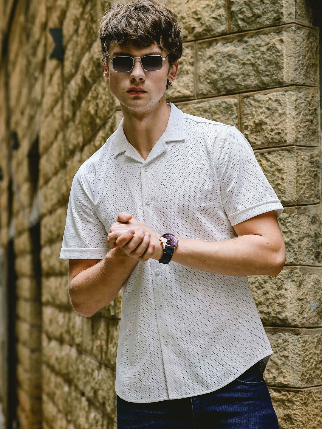 

HERE&NOW Men Cuban Collar Self Design Slim Fit Casual Shirt, White