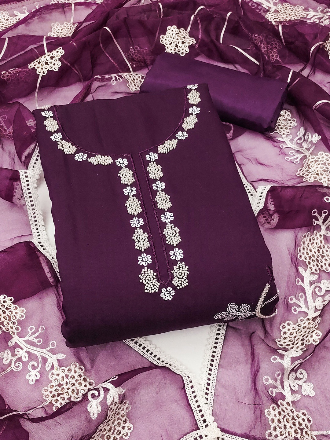 

Maroosh Floral Embroidered Beads Work Unstitched Dress Material, Violet