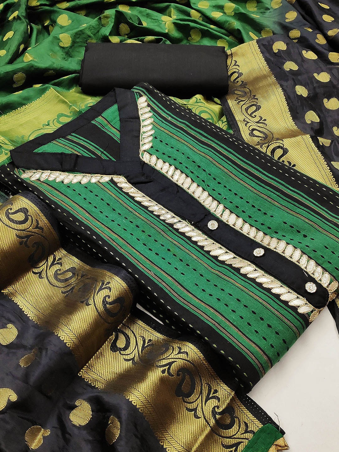 

Maroosh Geometric Printed Gotta Patti Banarasi Jacquard Cotton Unstitched Dress Material, Green