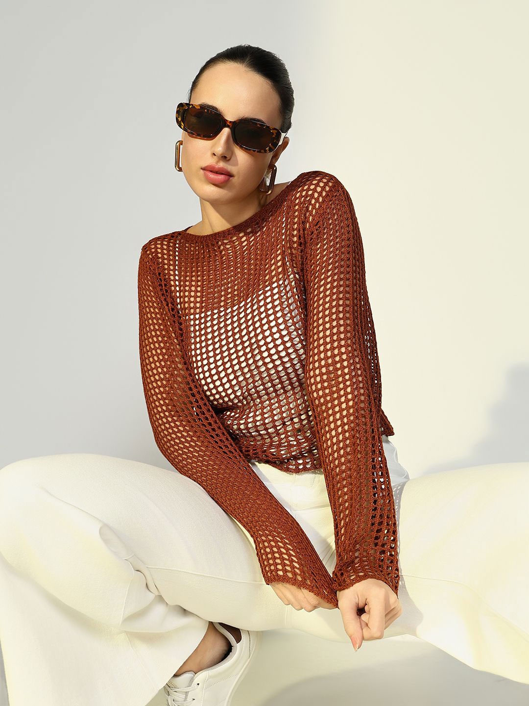 

SHOWOFF Women Self Design Crochet Top, Brown