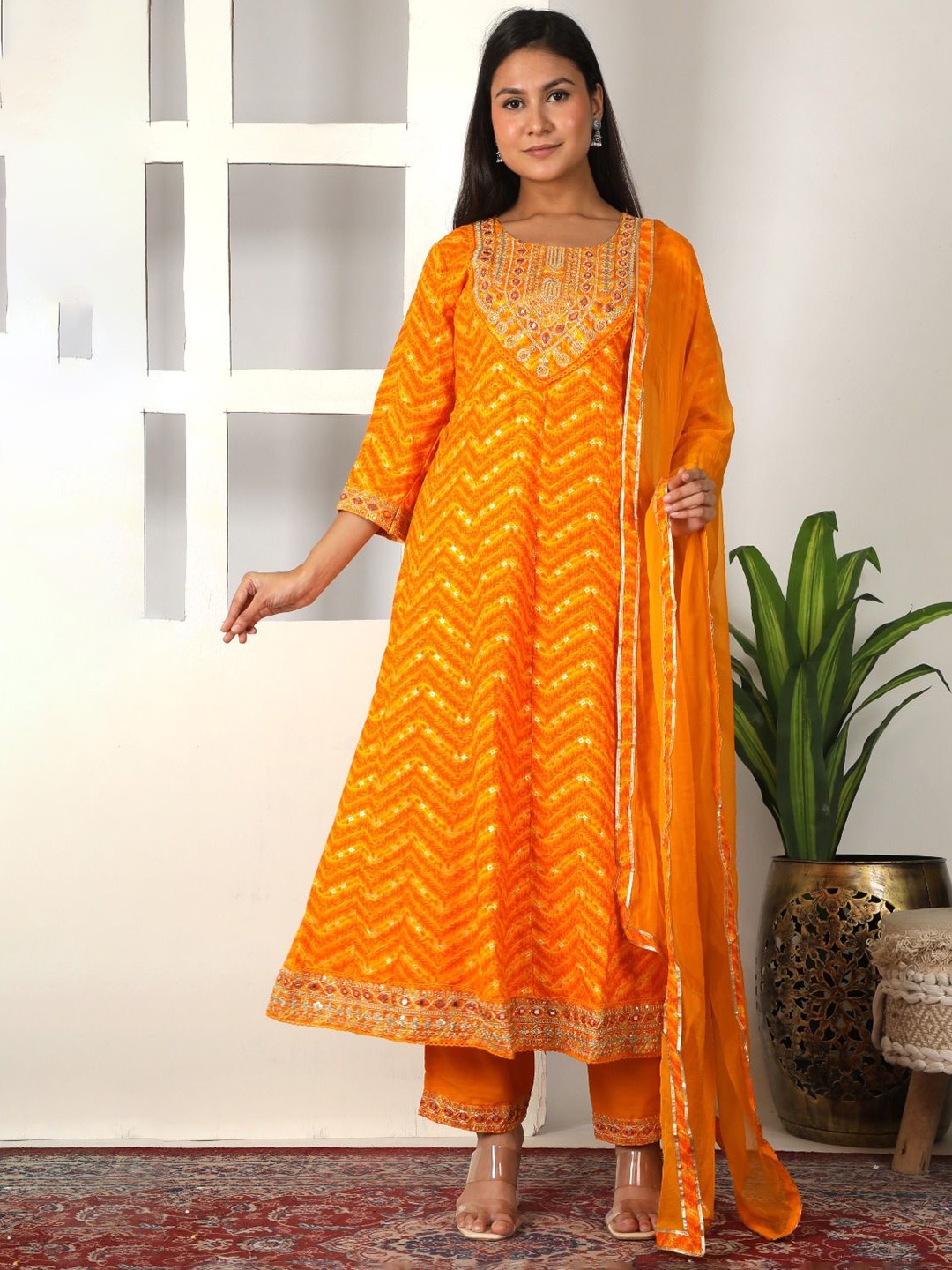 

Fabinn Floral Embroidered Anarkali Kurta With Trousers & Dupatta, Yellow