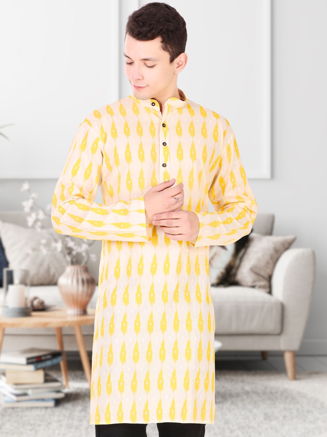 

SKAVIJ Ethnic Motifs Printed Band Collar Cotton Straight Kurta, Yellow