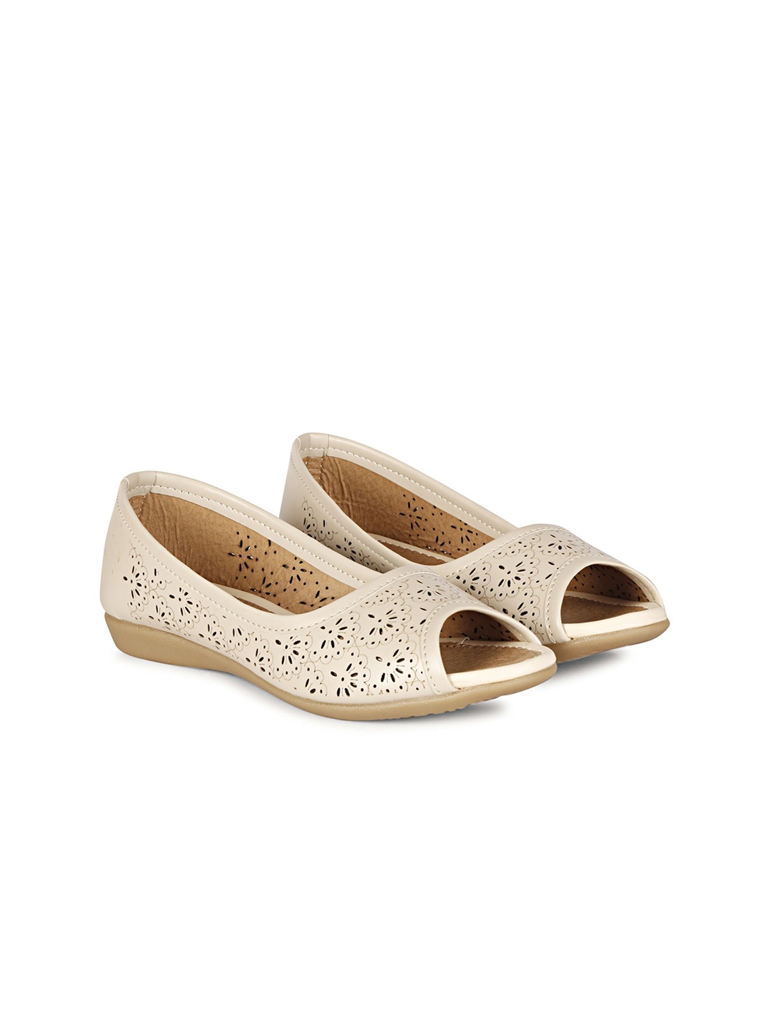 

FOOTSHEZ Women Peep Toe Ballerinas with Laser Cuts Flats, Cream