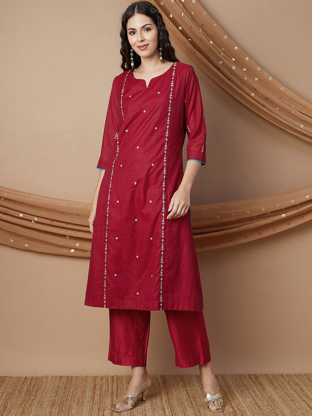 

Melange by Lifestyle Embroidered Thread Work Pure Cotton Kurta With Trousers & Dupatta, Red