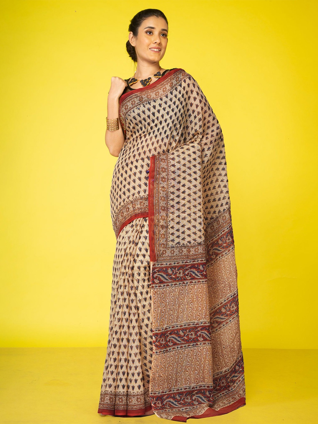 

Unnati Silks Floral Printed Pure Cotton Handloom Kota Saree, Cream
