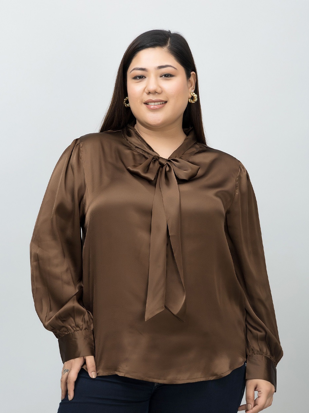 

PURYS PLUS Women Plus Size Tie-Up Neck Satin Top, Coffee brown