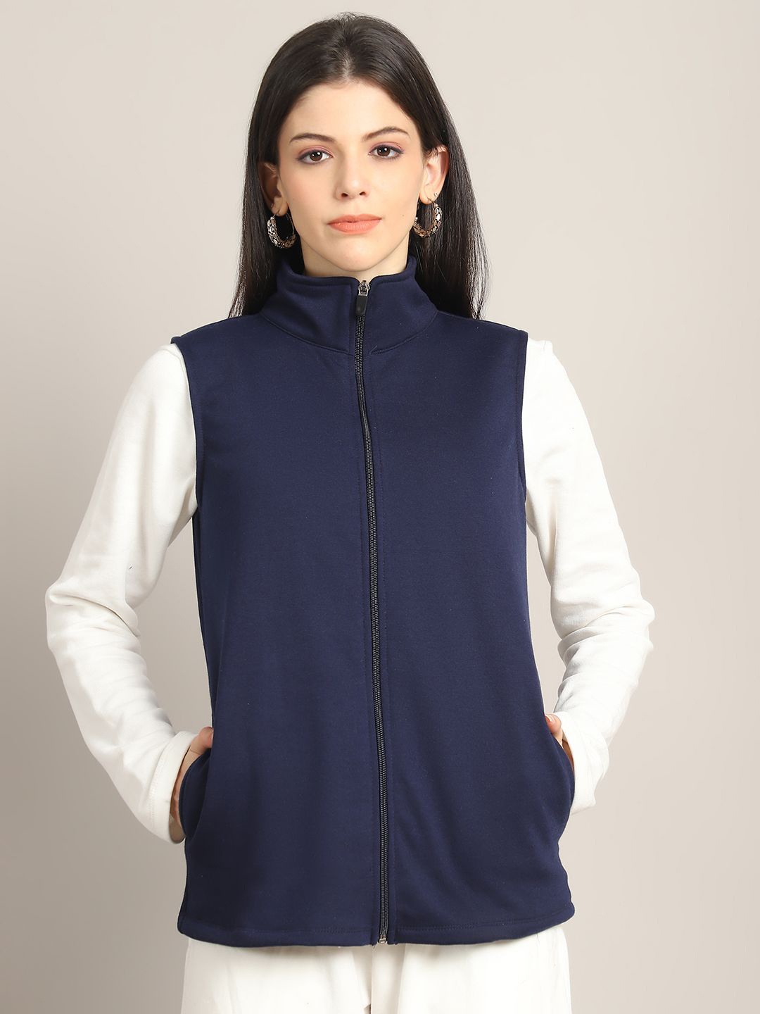 

Rute Women Cotton Mock Collar Sleeveless Front-Open Cotton Sweatshirt, Navy blue