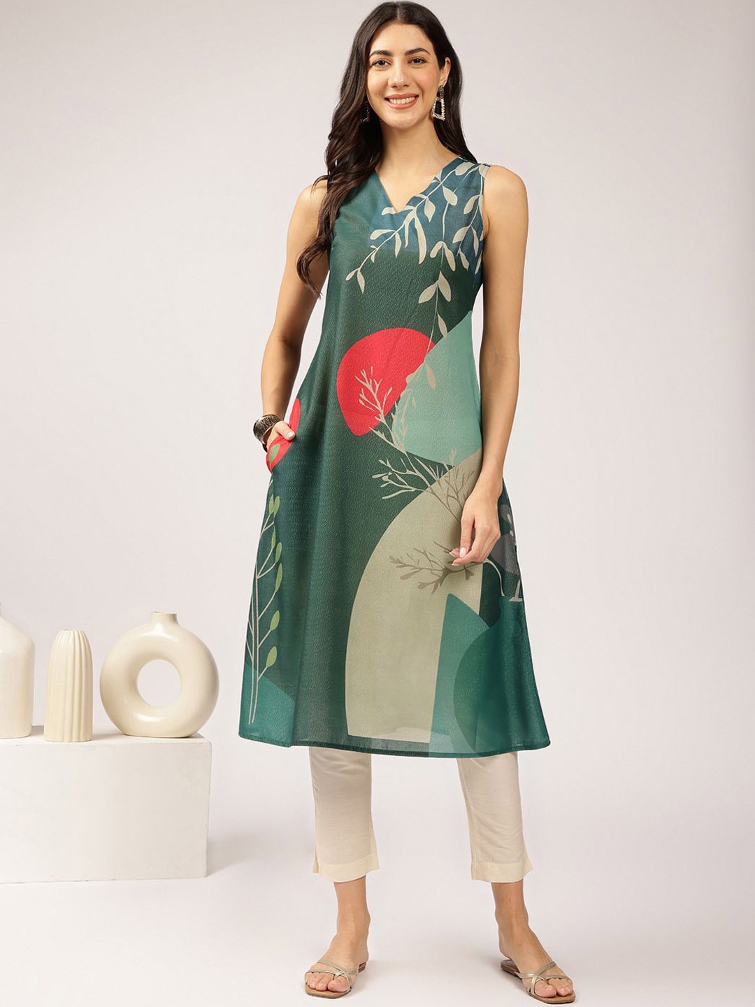 

Anouk Floral Printed Regular A-Line Kurta, Green