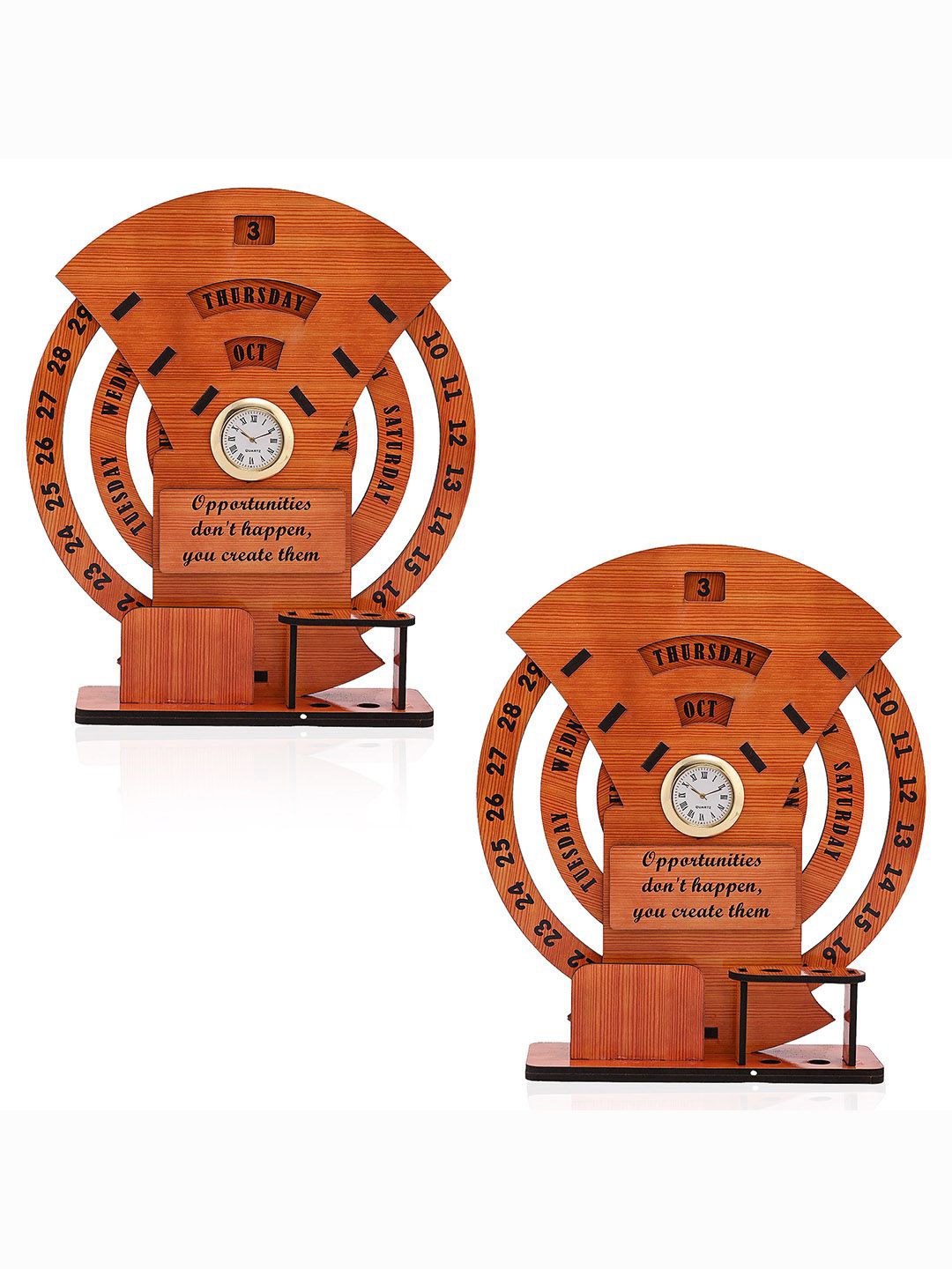 

Kuber Industries Brown & Black 2 Pieces Contemporary Wooden Rotating Table Clock