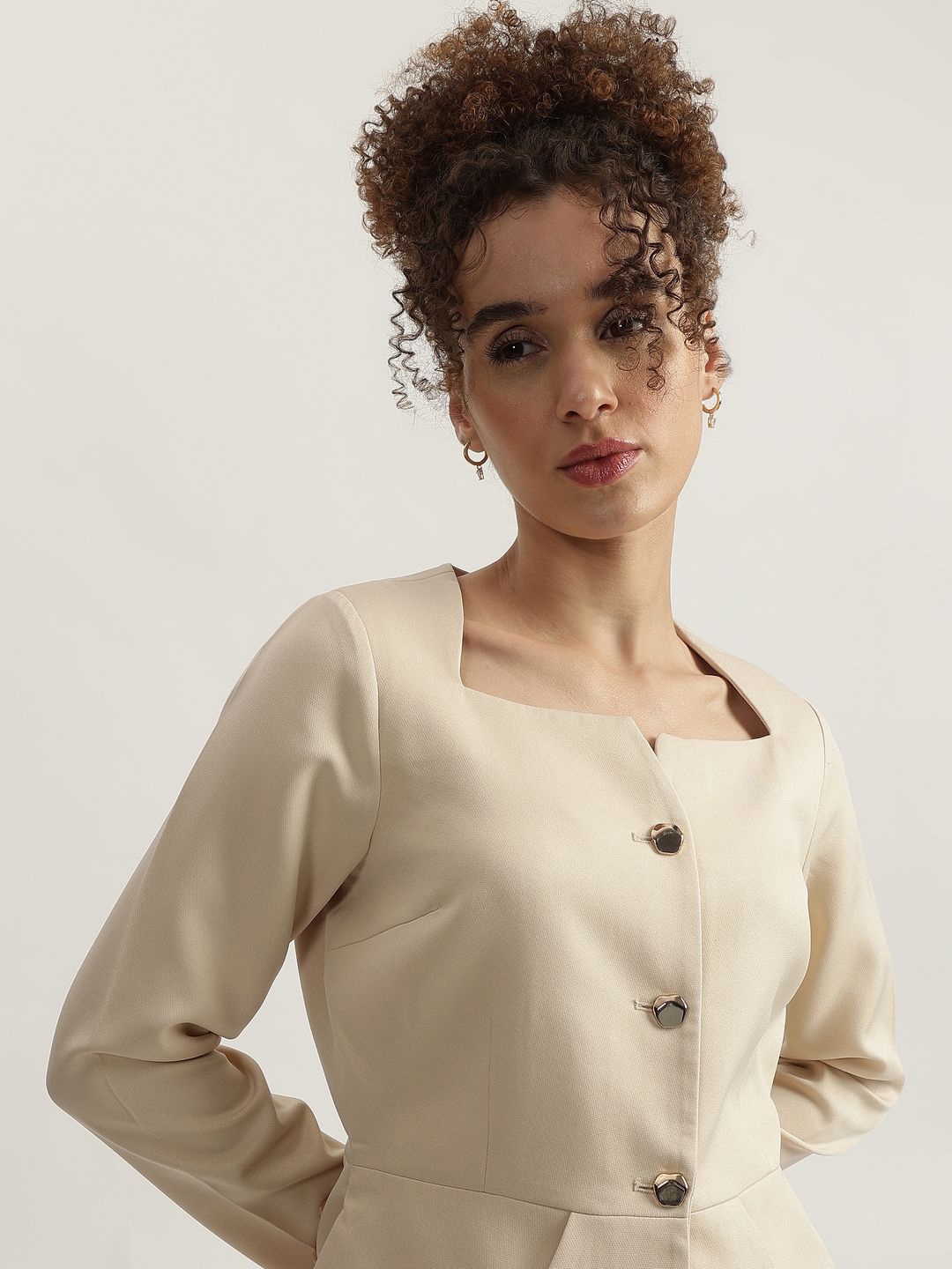 

ELLE Women Pure Cotton Square Neck Peplum Top, Beige