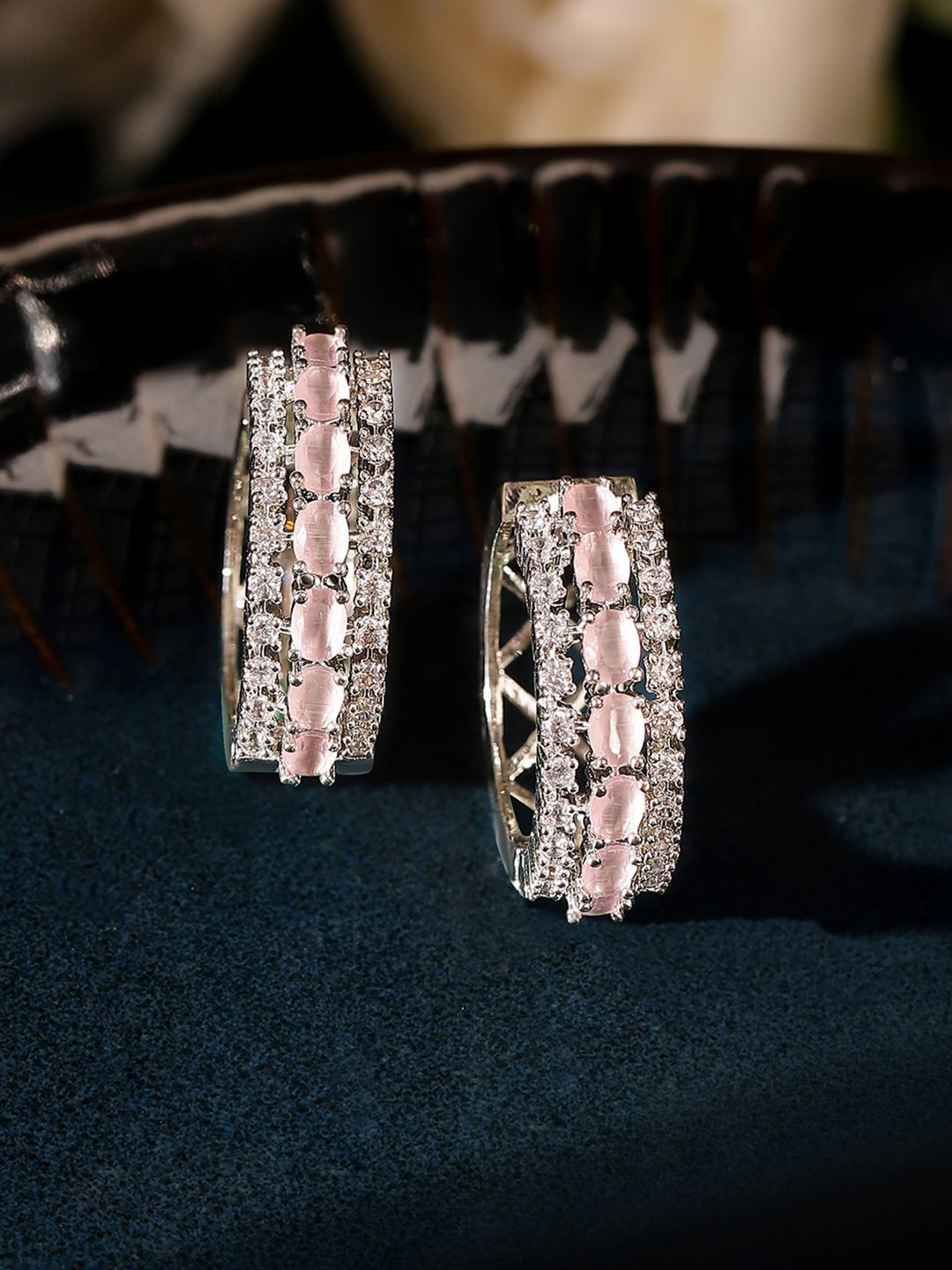 

Priyaasi Silver Plated American Diamond Stone Studded Circular Hoop Earrings