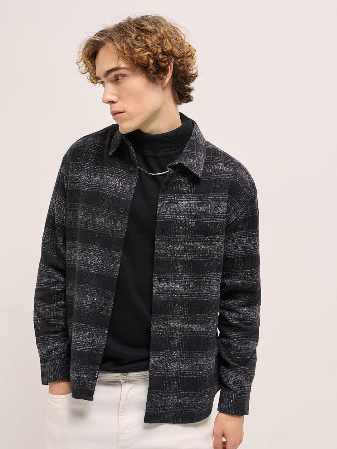 

THE BEAR HOUSE Pure Cotton Checked Relaxed Fit Casual Shirt, Black