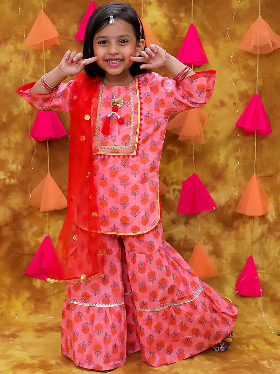 

KID1 Girls Floral Printed Gotta Patti Pure Cotton Straight Kurta With Sharara & Dupatta, Peach