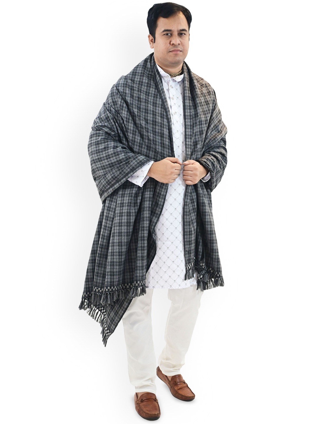 

Vrinde Checked Printed Woollen Shawl, Grey