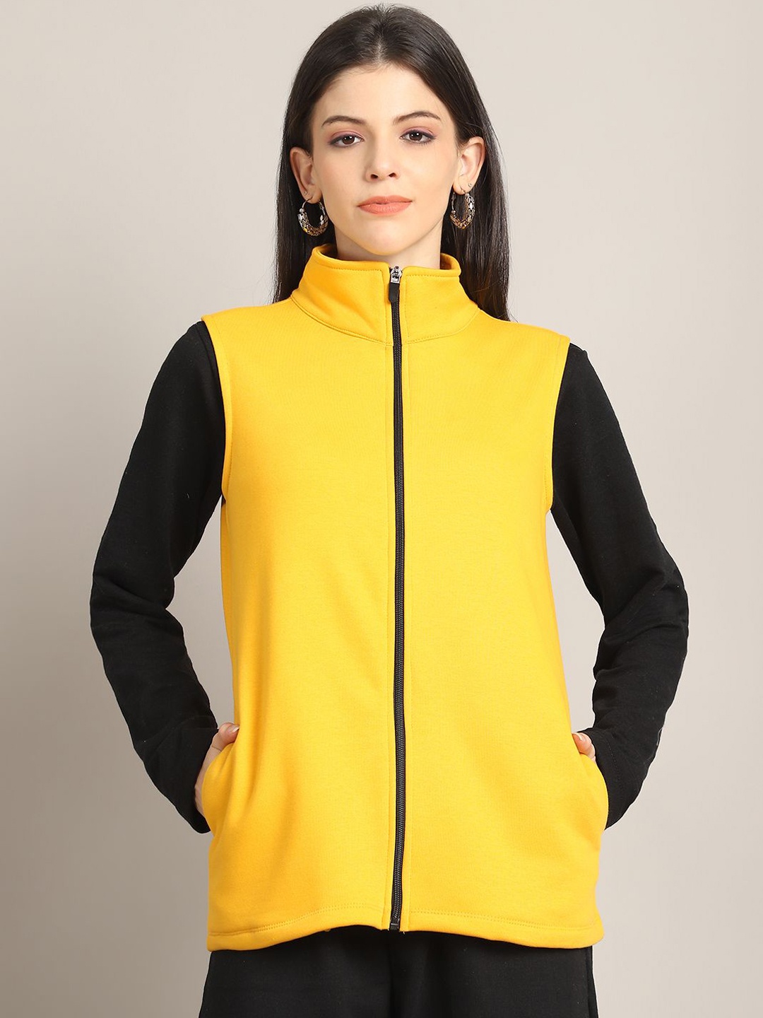 

Rute Women Colorblocked Mock Collar Open Front Jacket, Yellow