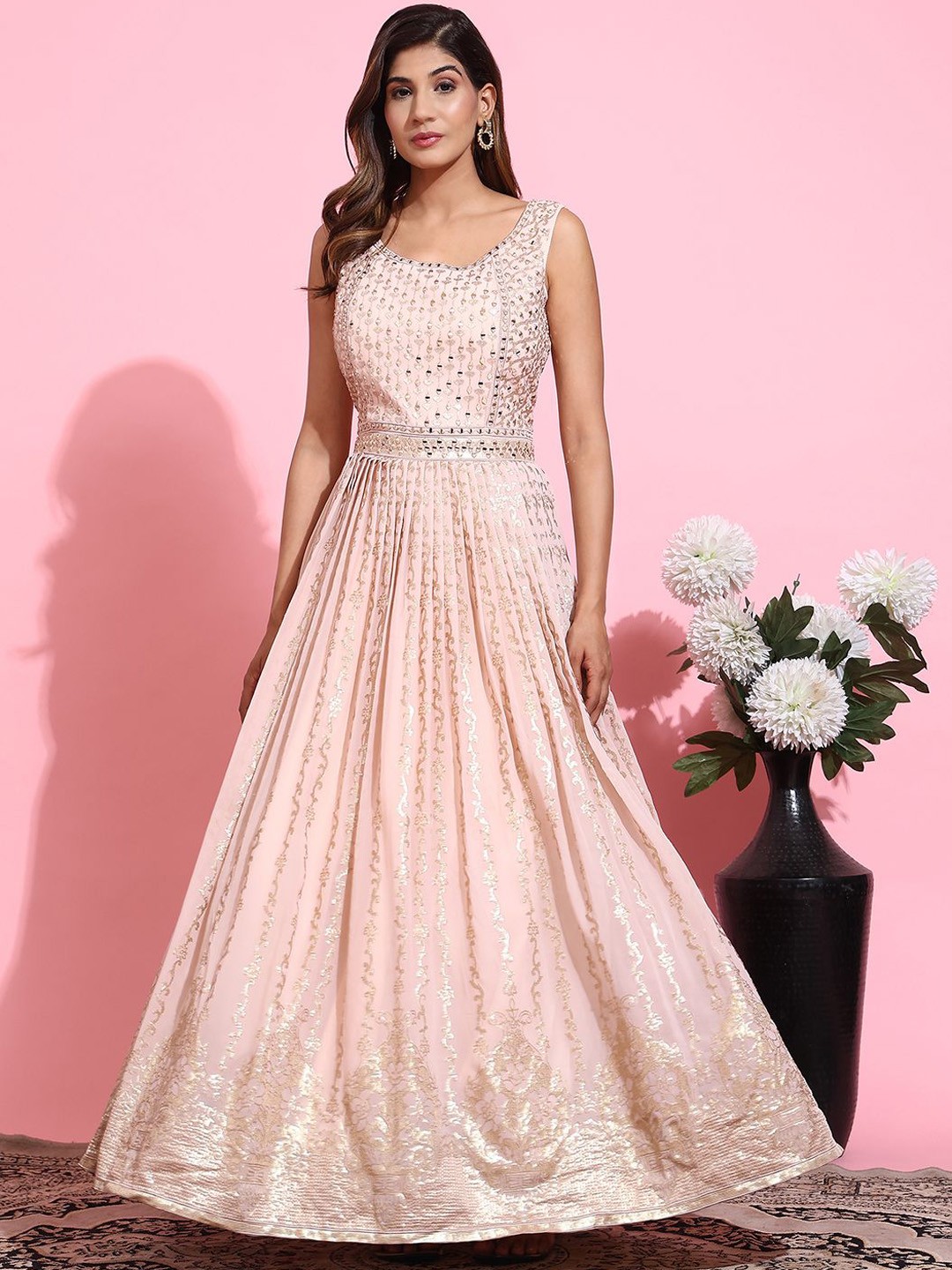 

VANAKARA Women Embroidered Gown Ethnic Dresses With Dupatta, Peach