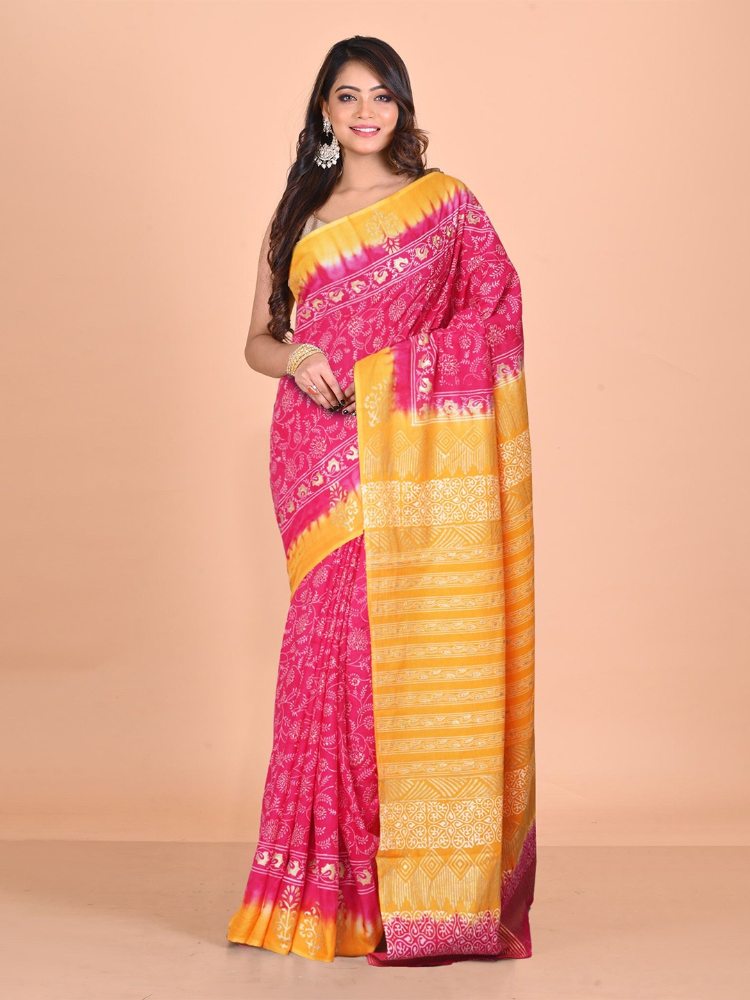 

Unnati Silks Floral Pure Cotton Handloom Block Print Saree, Pink