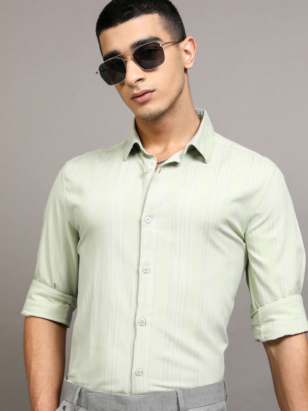 

HIGHLANDER Men Dobby Textured Striped Mui Occasion Shirt, Green