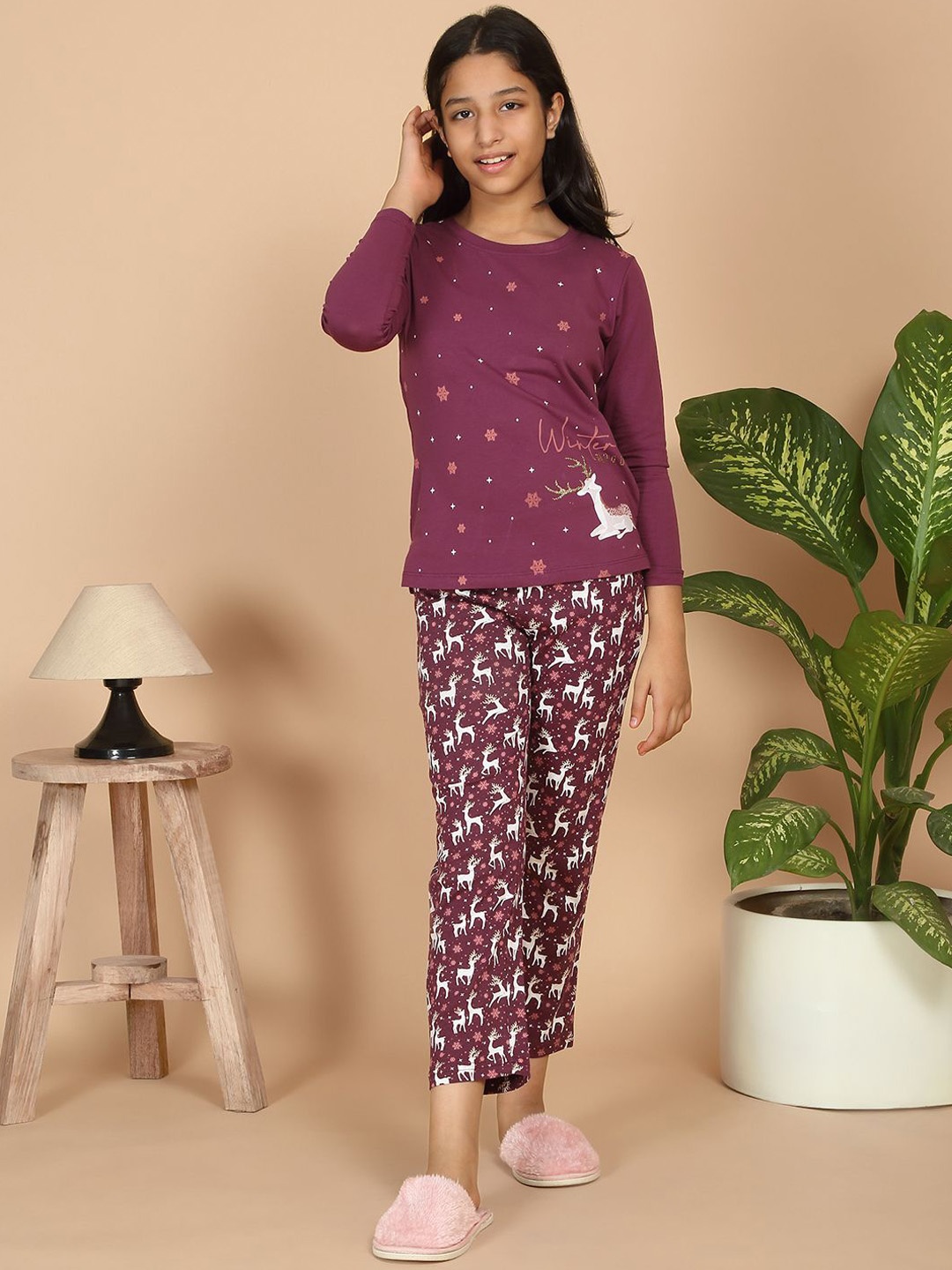 

Sweet Dreams Girls Graphic Printed T-Shirt & Pyjama Night suit, Burgundy