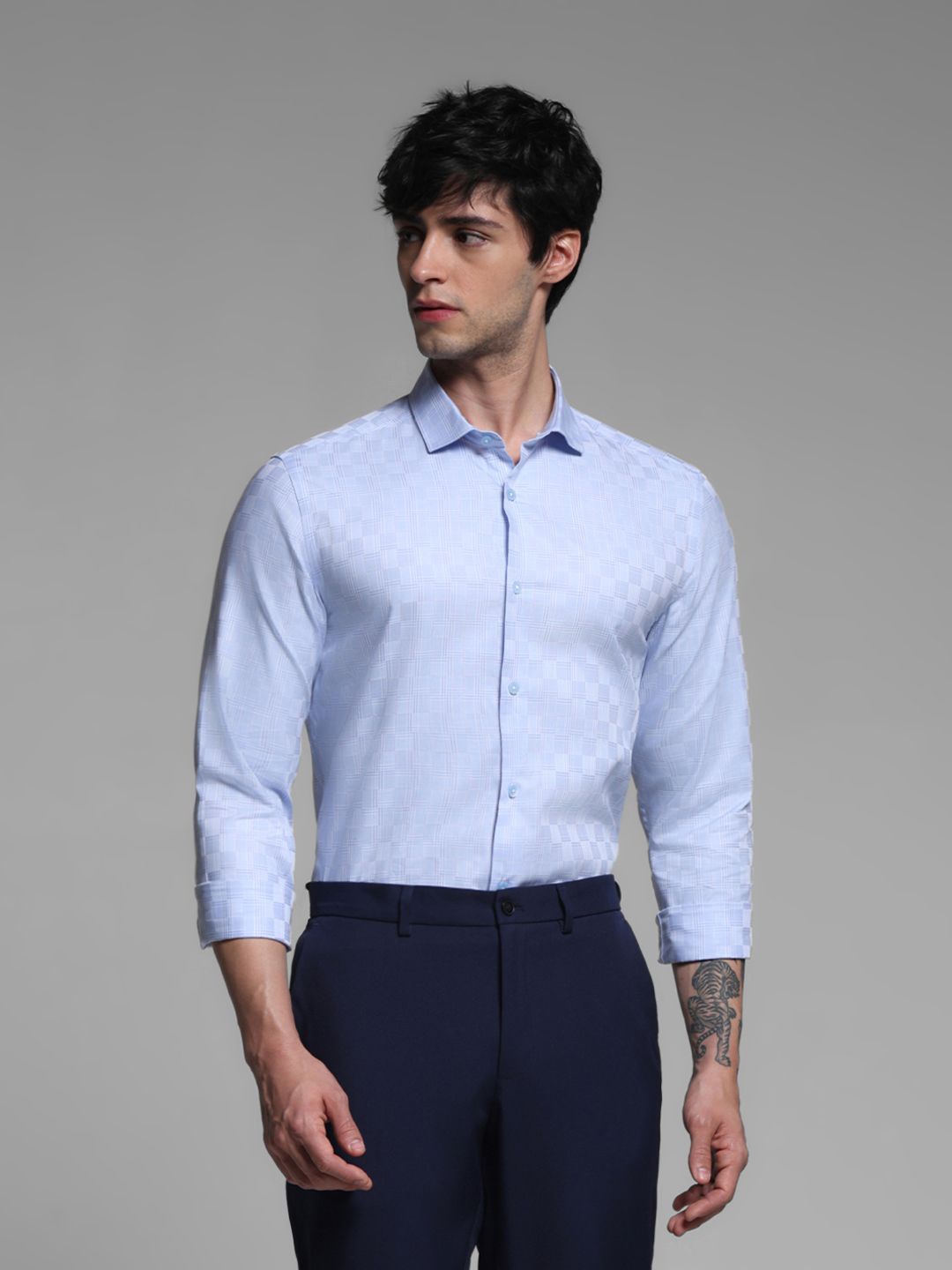

Jack & Jones Men Slim Fit Pure Cotton Self-Checked Semi-Formal Shirt, Blue