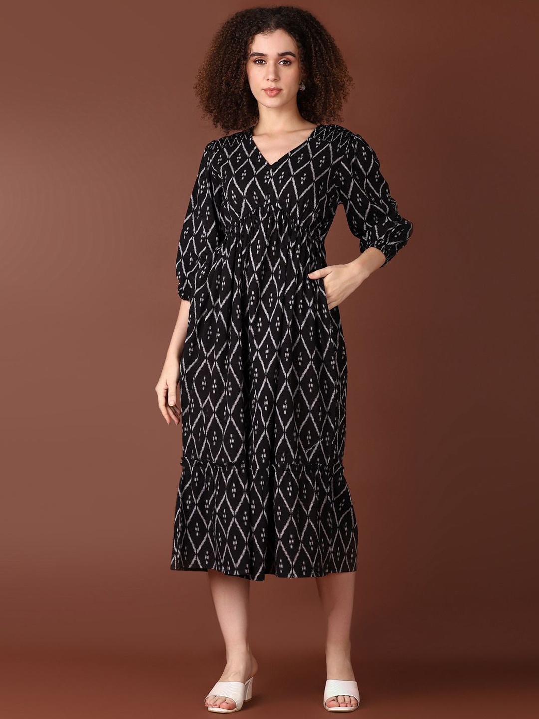 

V-Mart Women Printed Cotton V-neck Fit & Flare Midi Dress, Black