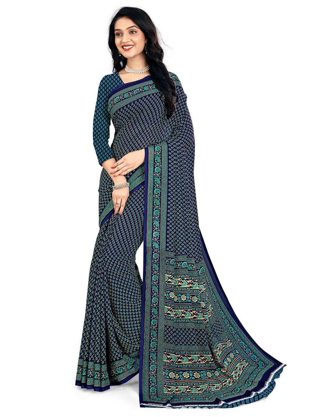 

Navvi Floral Printed Embroidered Saree, Blue