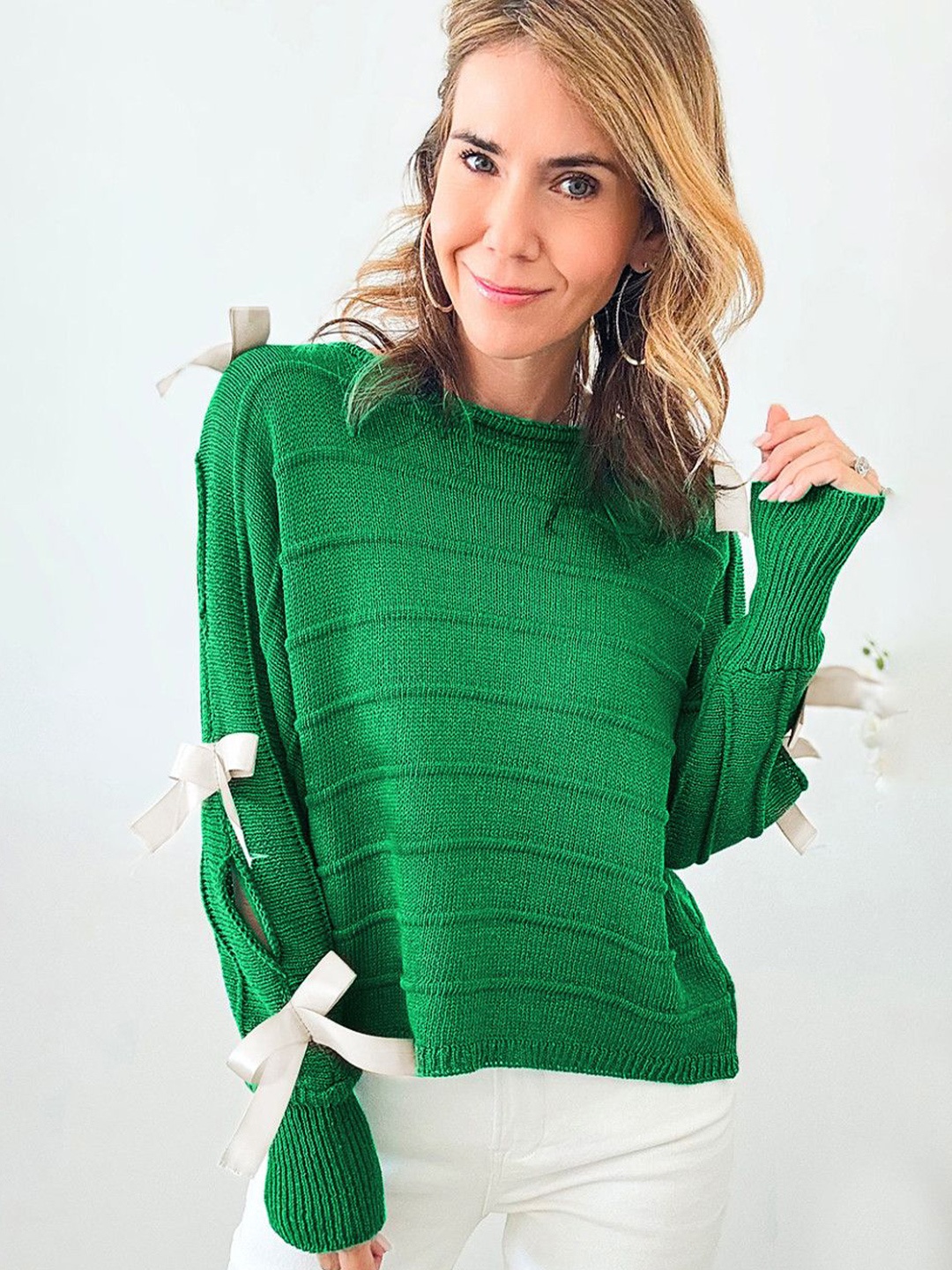 

StyleCast Women Self Design Round Neck Pullover, Green