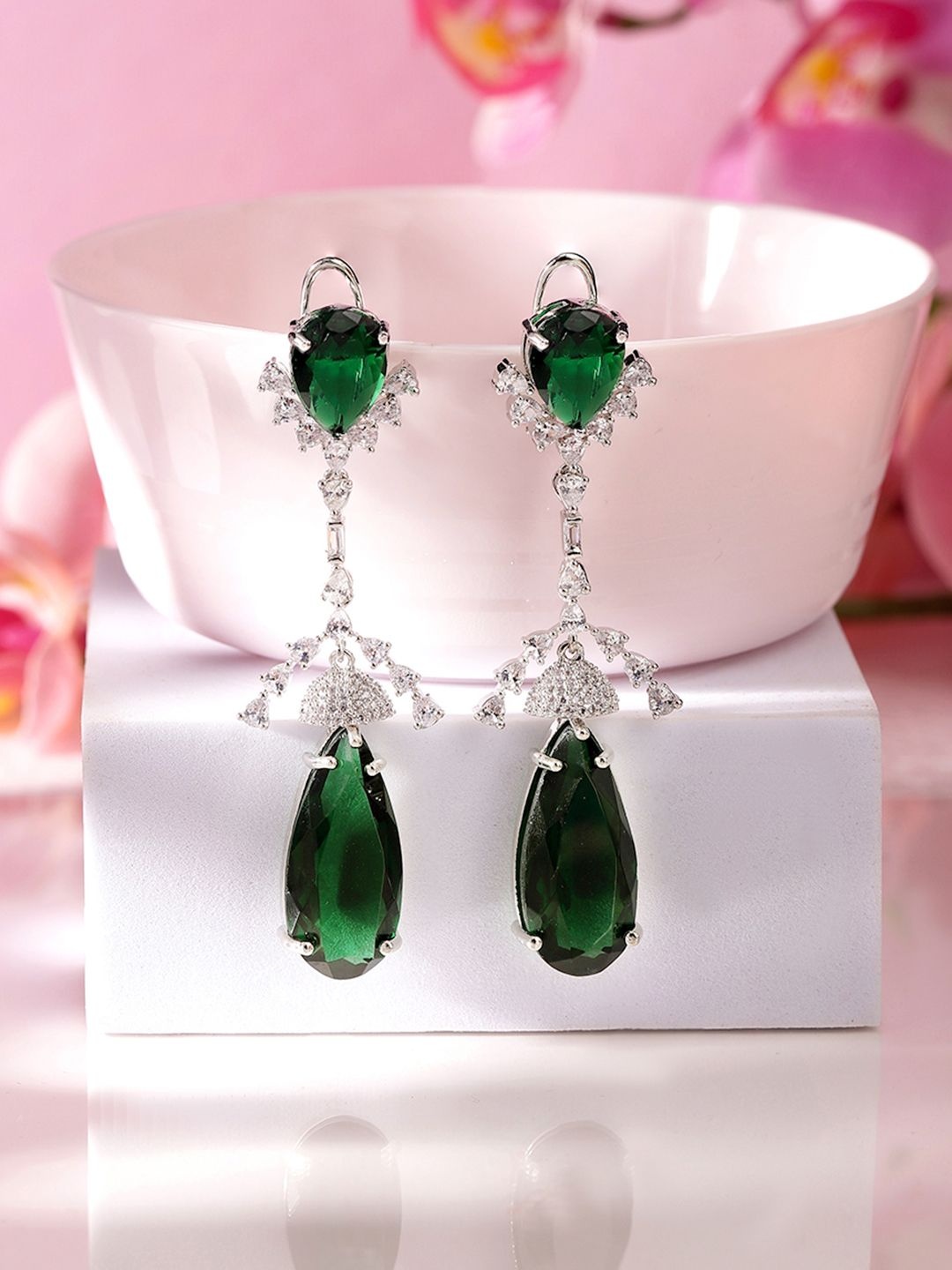 

Priyaasi Silver-Plated American Diamond Stone Studded Teardrop Shaped Drop Earrings