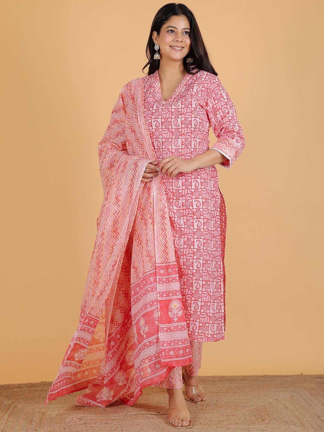 

Aramya Paisley Printed V-Neck Regular Pure Cotton Kurta With Trouser With Dupatta, Pink