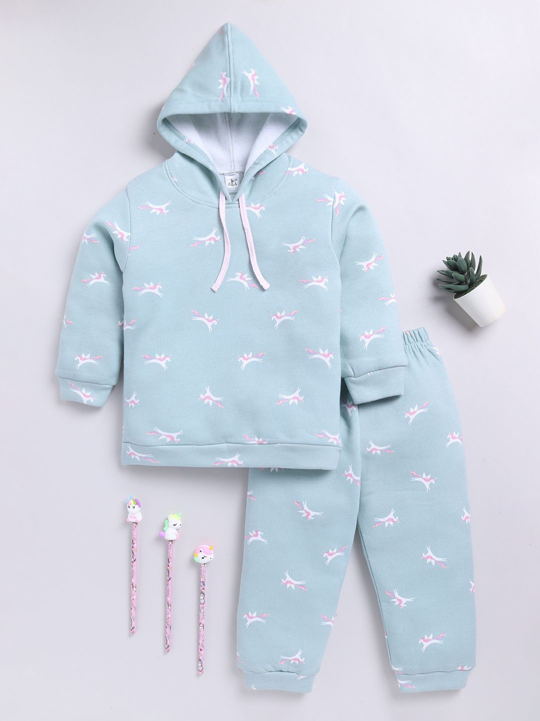 

Clt.s Kids Pure Cotton Printed Hooded Sweatshirt With Joggers, Sea green