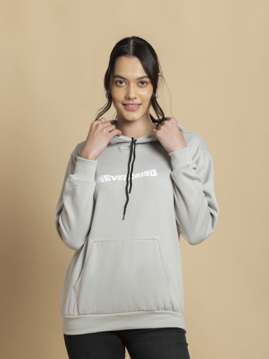 

OCTICS Women Typography Printed Hooded Sweatshirt, Grey