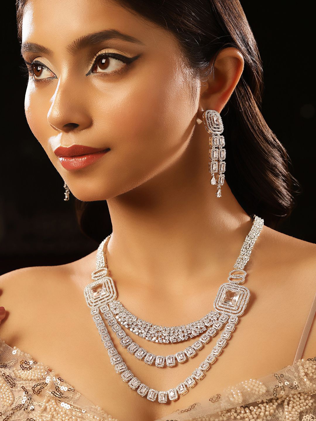 

Priyaasi Silver-Plated American Diamond Studded Jewellery Set