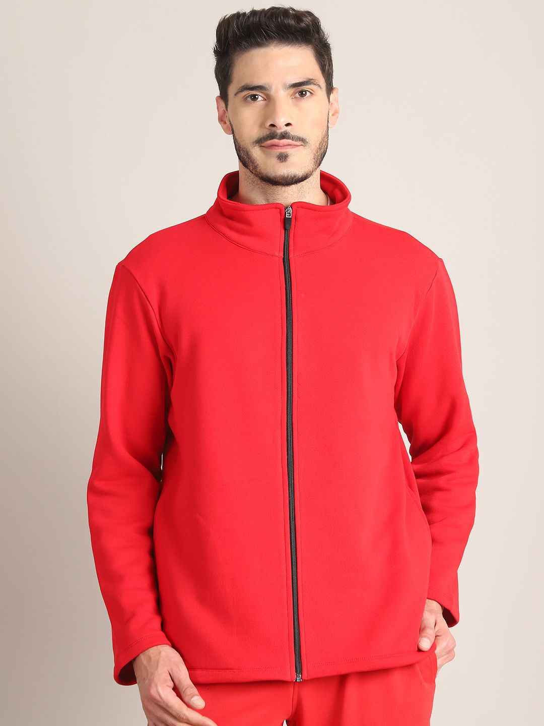 

Rute Men Mock Collar Front-Open Sweatshirt, Red