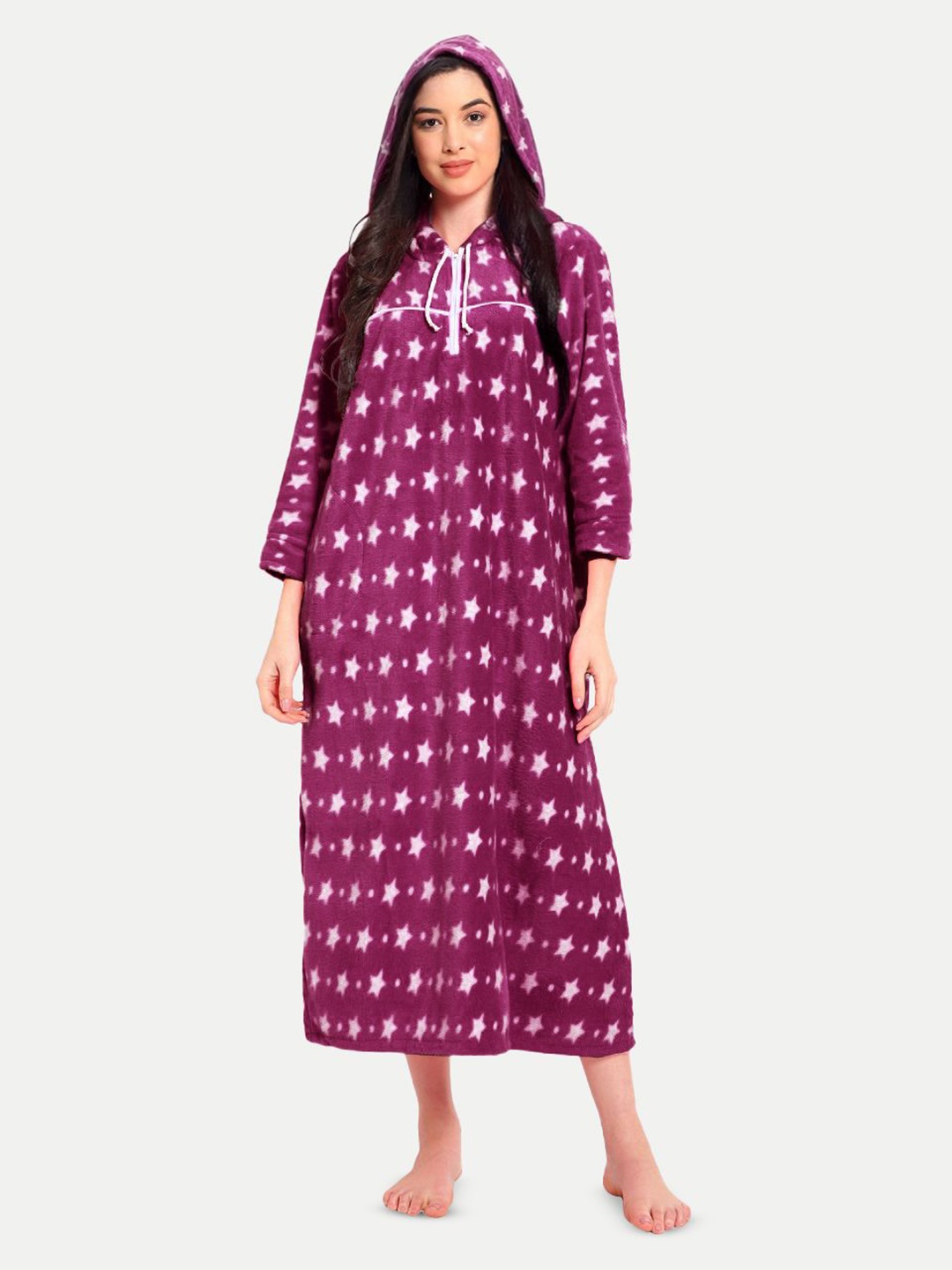 

CIERGE Women Stars Printed Maxi Nightdress, Maroon