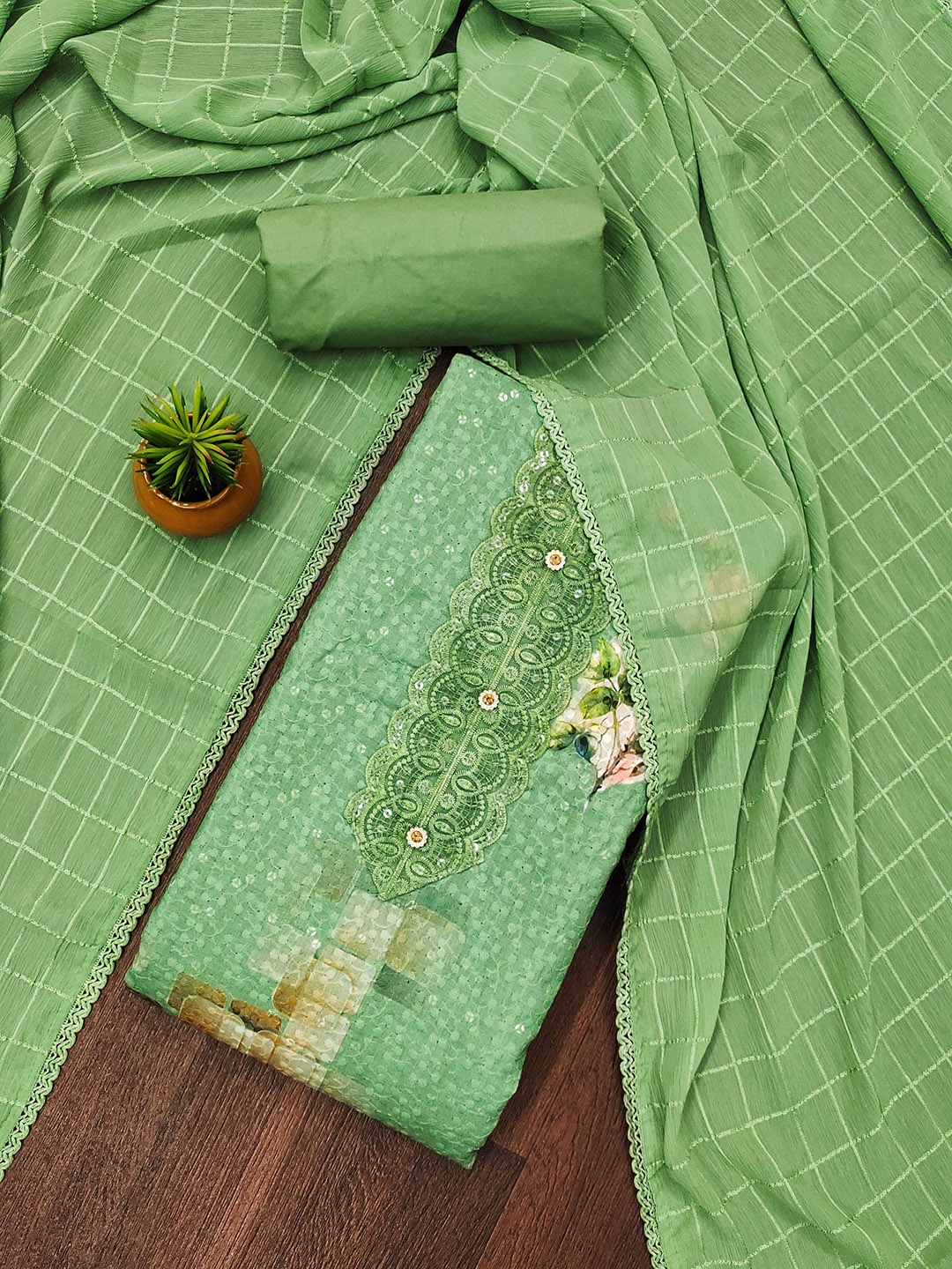 

Maroosh Floral Embellished Unstitched Dress Material, Lime green