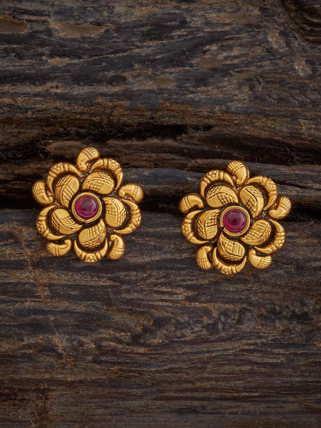 

Kushal's Fashion Jewellery Gold-Plated Stone Studded Temple Floral Studs Earrings