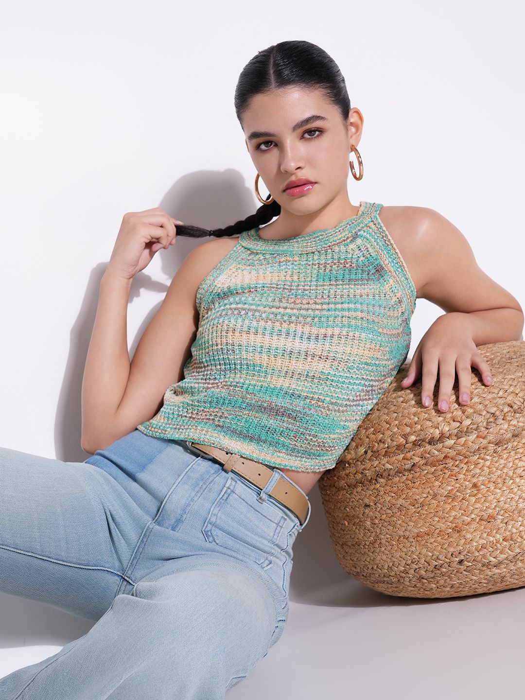 

SHOWOFF Women Round Neck Self Design Crop Top, Green