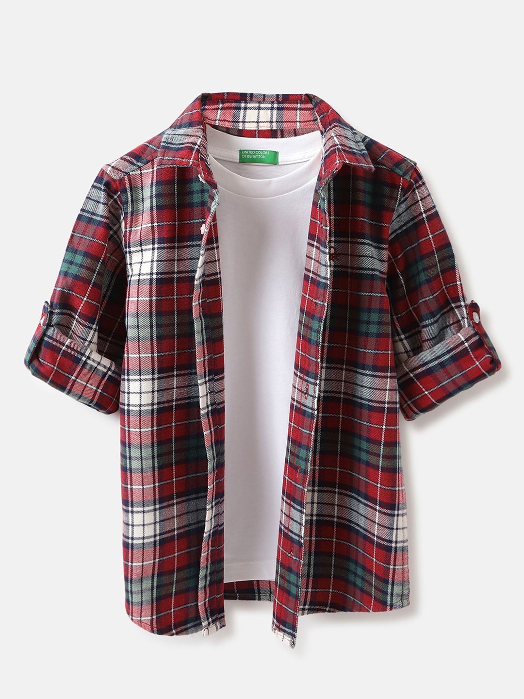 

United Colors of Benetton Boys Tartan Checked Cotton Casual Shirt With T-shirt, Red