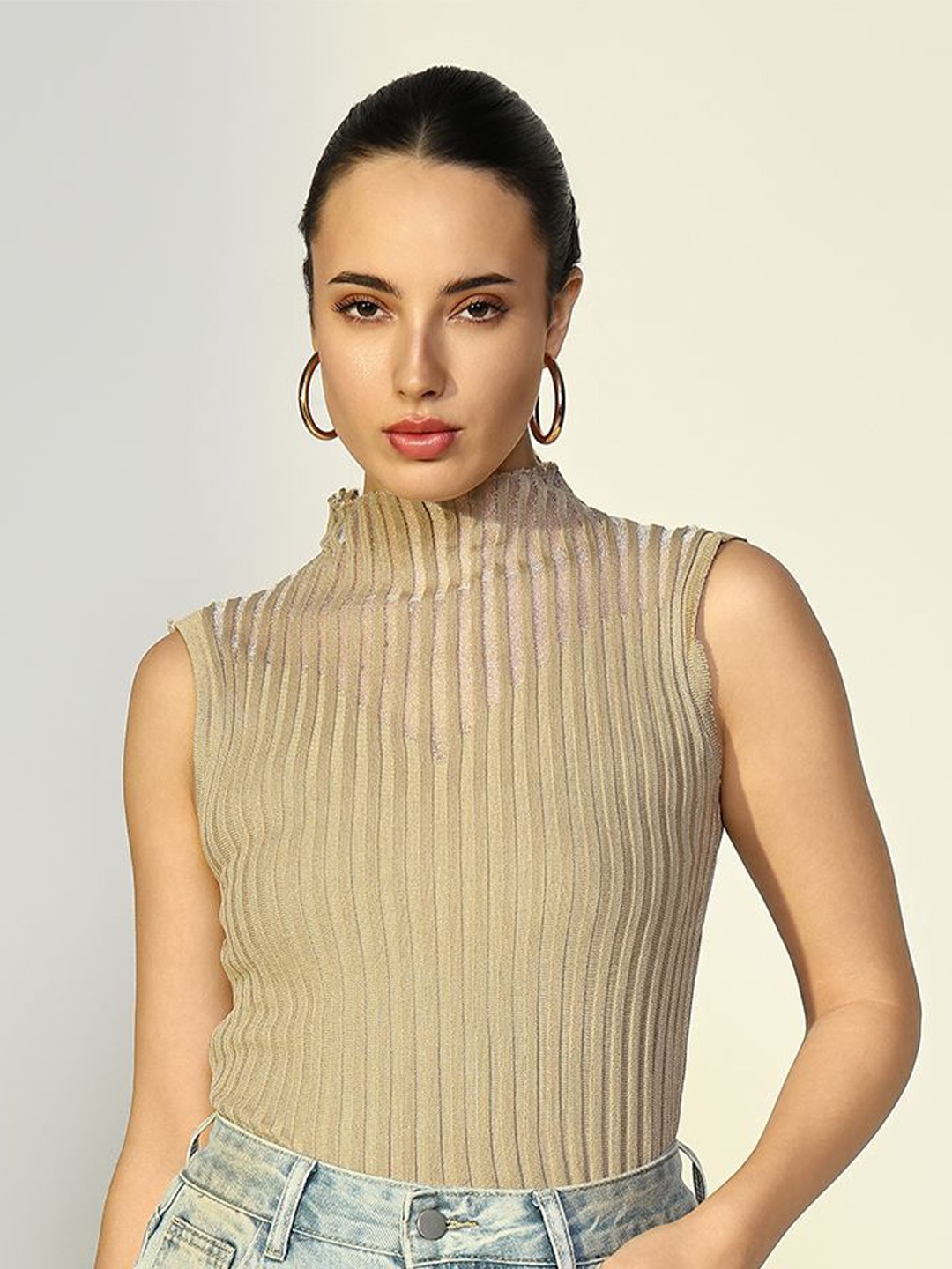 

SHOWOFF Women High Neck Sleeveless Striped Top, Beige