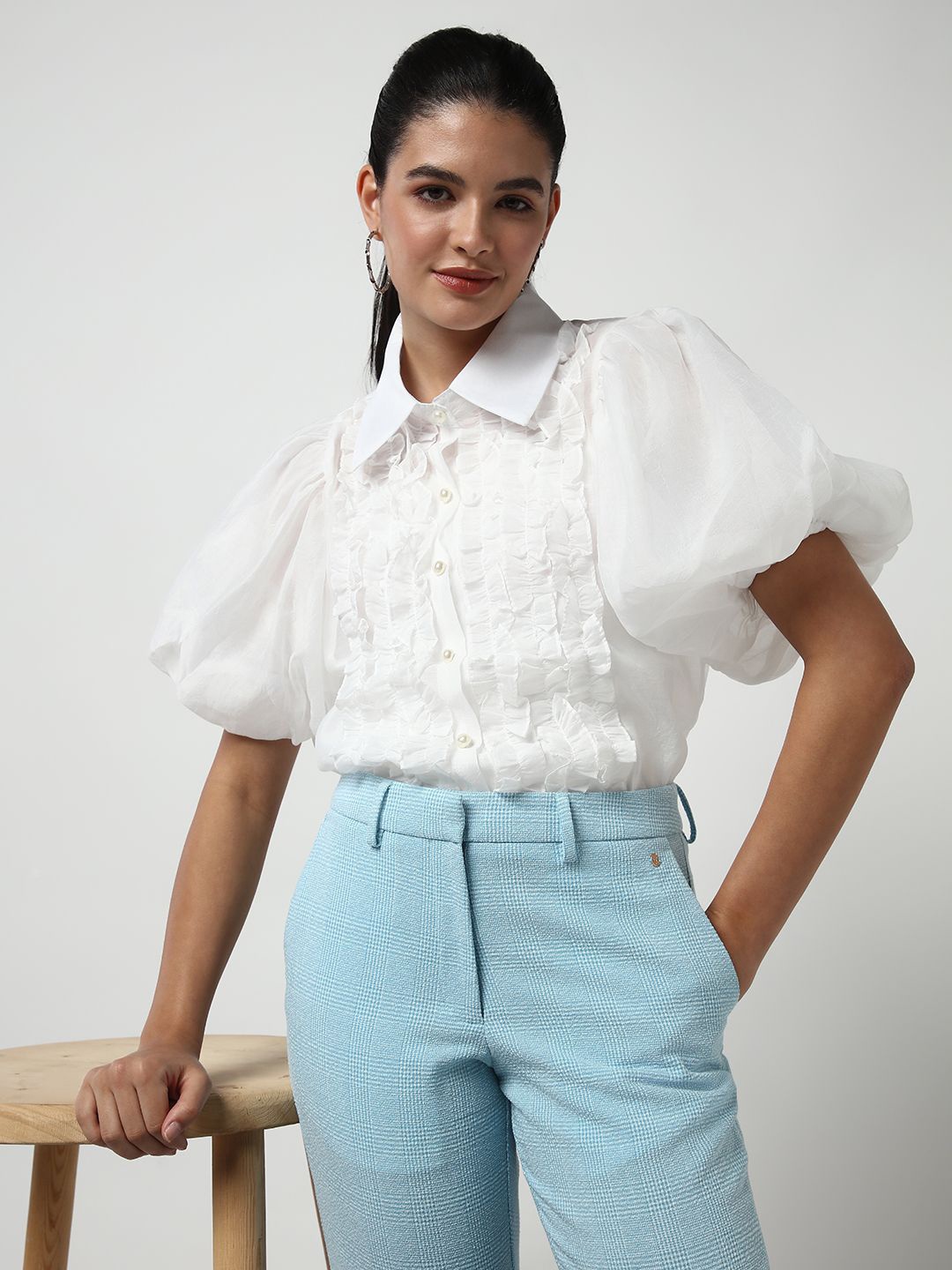 

SHOWOFF Power Shoulder Puff Sleeves Ruffle Detailed Sheer Shirt With Inner Slip, White