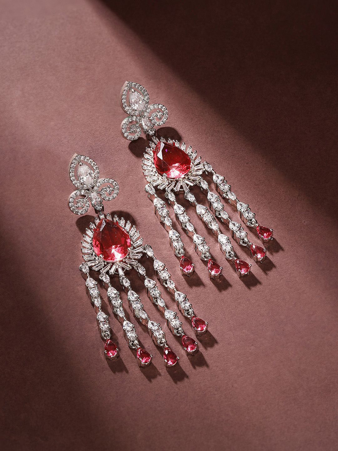 

Priyaasi Silver-Plated AD-Stone Studded Teardrop Shaped Tasselled Drop Earrings