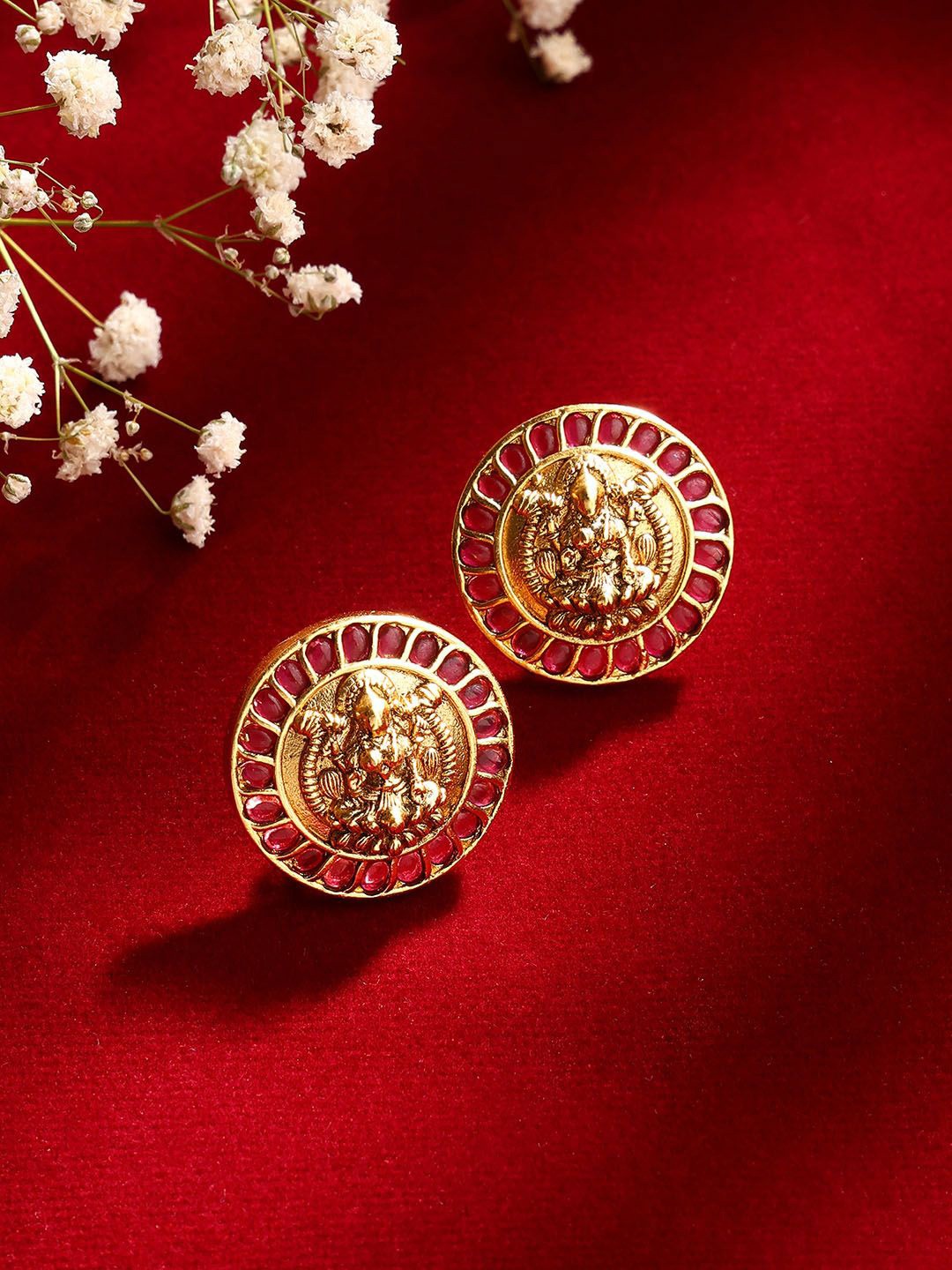 

Priyaasi Gold-Plated Stone Studded Lakshmi Goddess Circular Studs